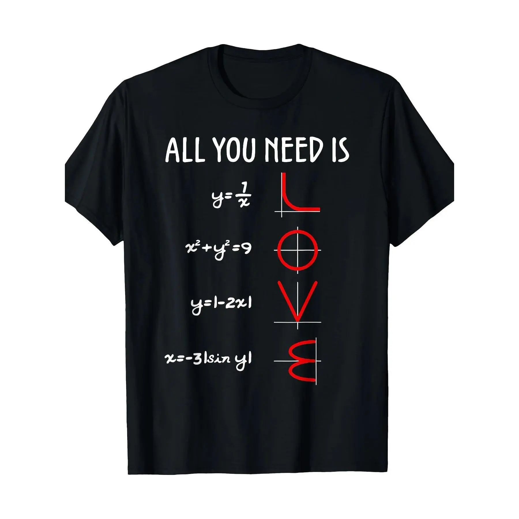 Men's & Women's Korean Style Romantic Math Equation "LOVE" Print Short-Sleeve T-Shirt, Casual All-Match Black Graphic Top, Shortsleeve, Printed Text, Equation Art, Round Neck