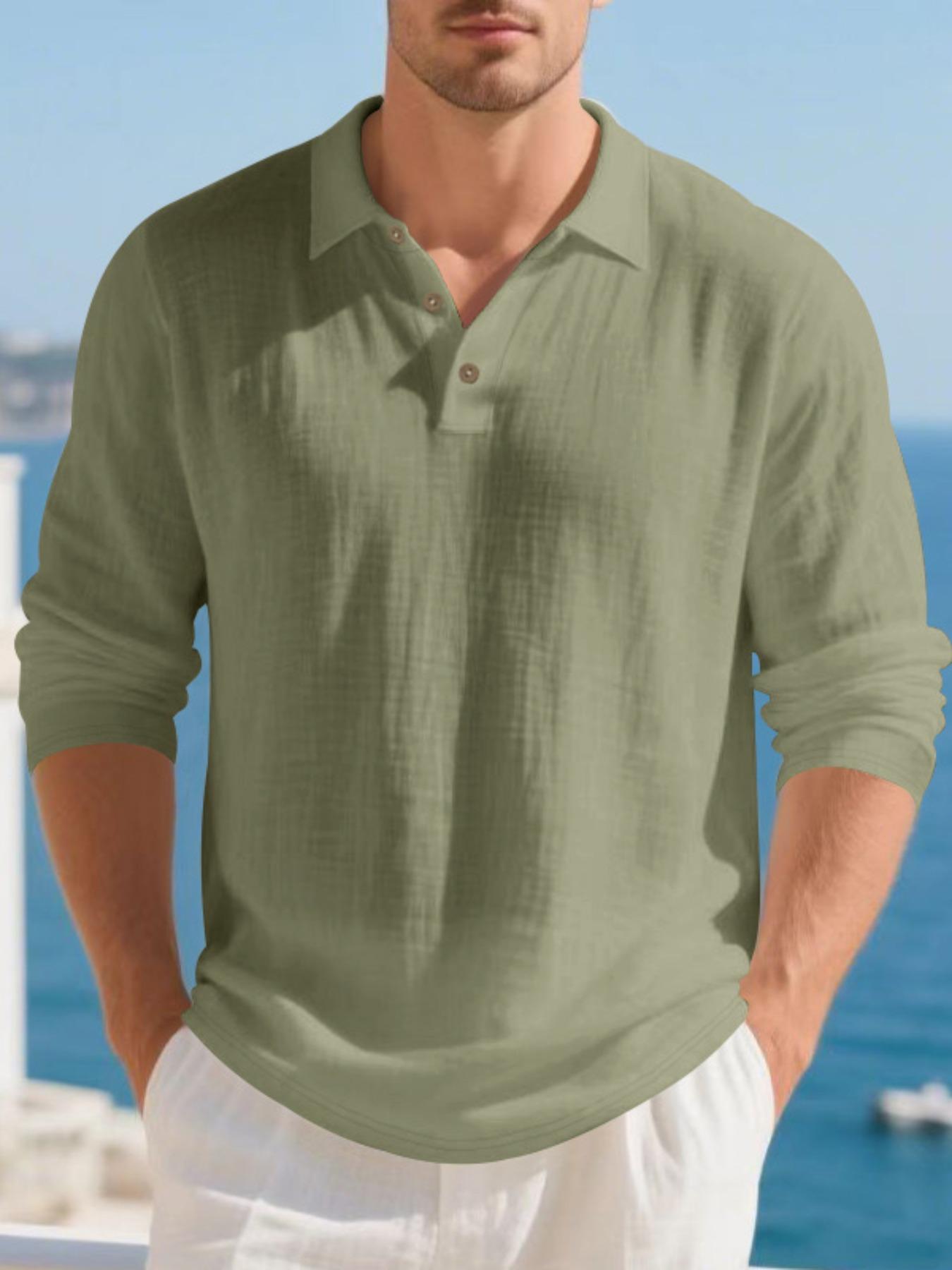 Men's Linen Long Sleeve Polo Shirt, Beach Vacation Style, Skin-Friendly Breathable Loose Fit, Casual Spring & Fall Wear, Menswear