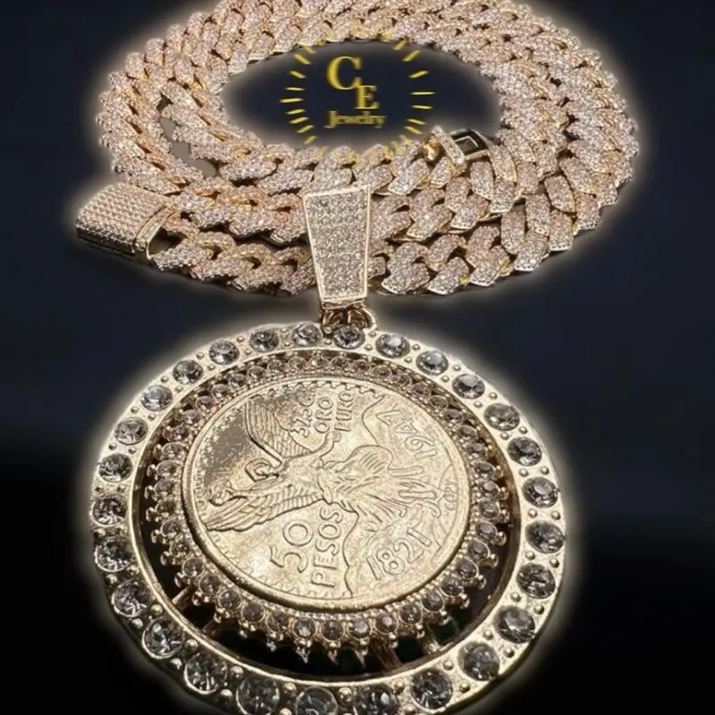 14k gold-plated necklace with rotating coins and pointed CZ stones