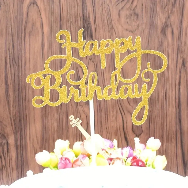 Happy Birthday Cake Topper - Elegant Golden Glitter, Paper Material, No Feathers, Perfect for Party Decorations