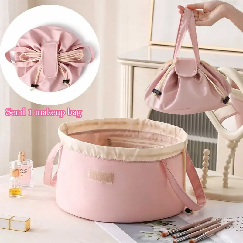 1pcsUpgraded Handheld Lazy Makeup Bag in Ins Style, Fashion Large-Capacity Drawstring Bucket Cosmetic Storage Pouch