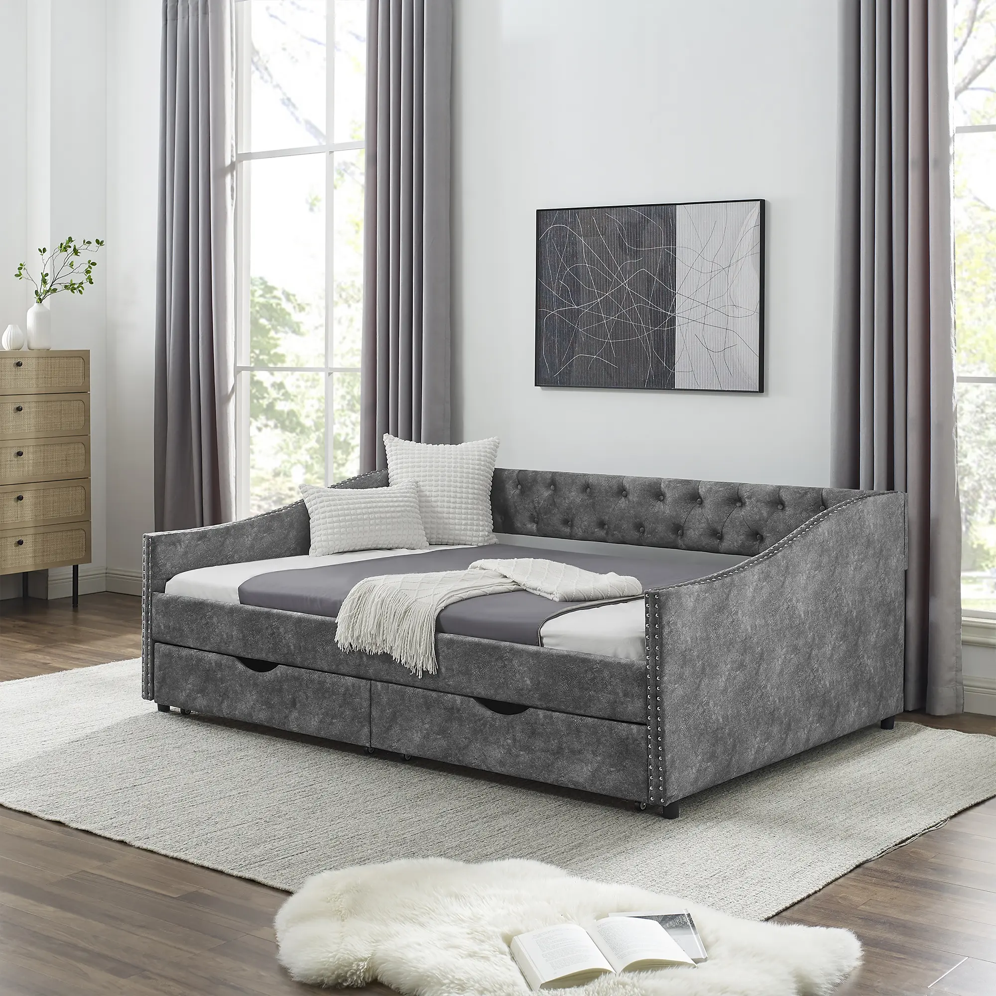 ARCH Full Size Upholstered Tufted Sofa Daybed - Grey Polyester, Button Tufted Back, Copper Nailhead Trim, Waved Arms, Storage Drawers, Furniture for Apartment, Studio Apartment Furniture, 80.5x55.5x27.5in, No Mattress