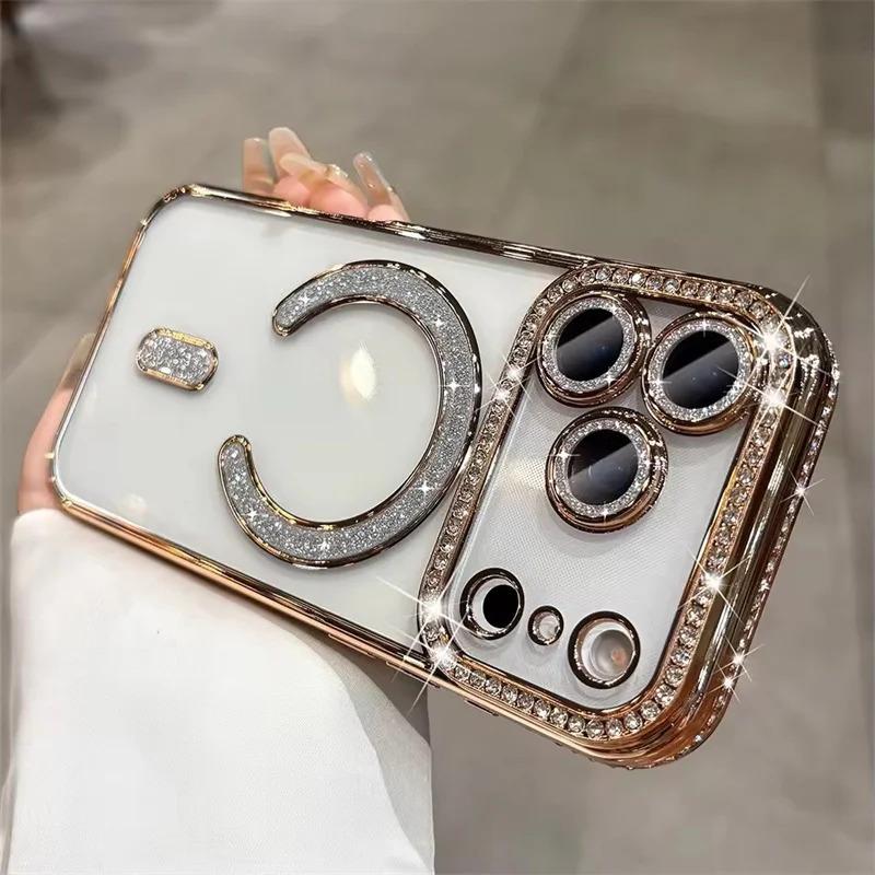 High-grade Glitter Rhinestones Phone Case For iPhone 17 16 15 11 12 13 14 Pro Max Plus Magsafe Magnetic Clear Lens Protect Cover