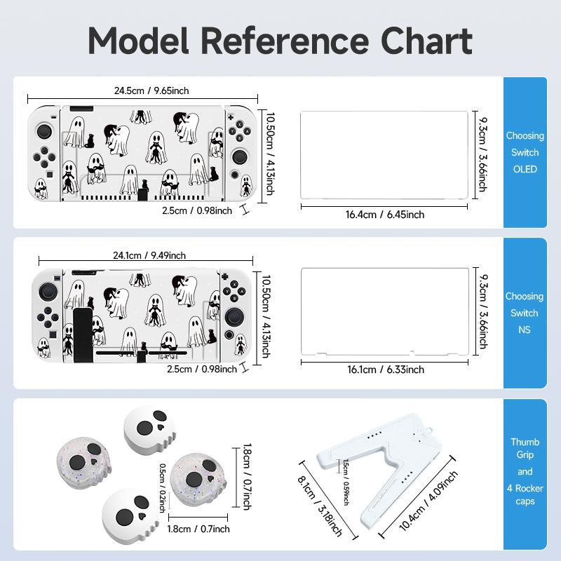 Ghost Pattern Game Console Accessories Set, Game Console Protective Cover with Tempered Film & V-shaped Grip & Rocker Cap, Console Accessories for Switch OLED/NS