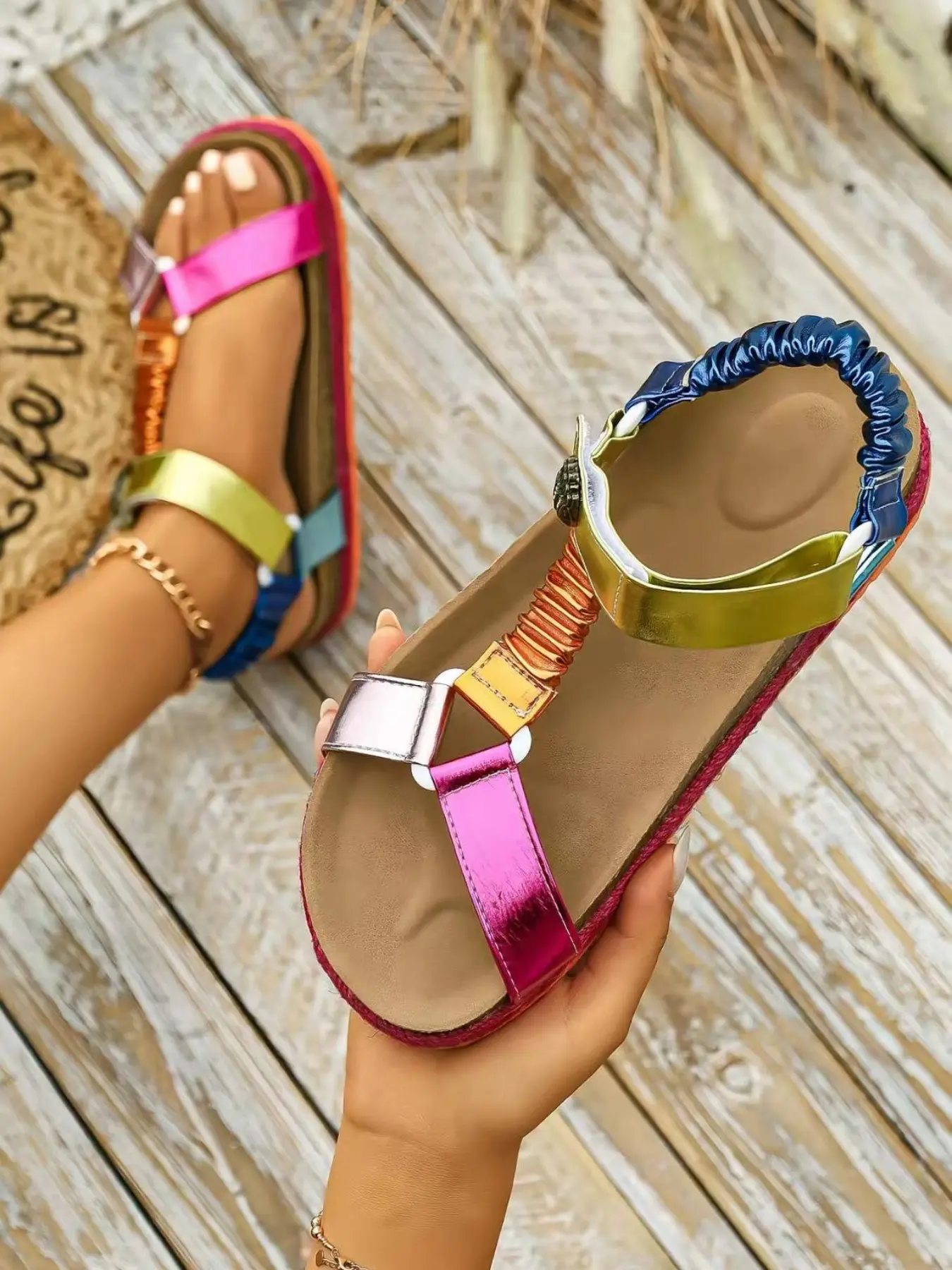 Women's Rainbow Flat Sandals, Elastic Waist Design, Fashionable and Comfortable, Ideal for Daily Wear, Perfect Gift Choice