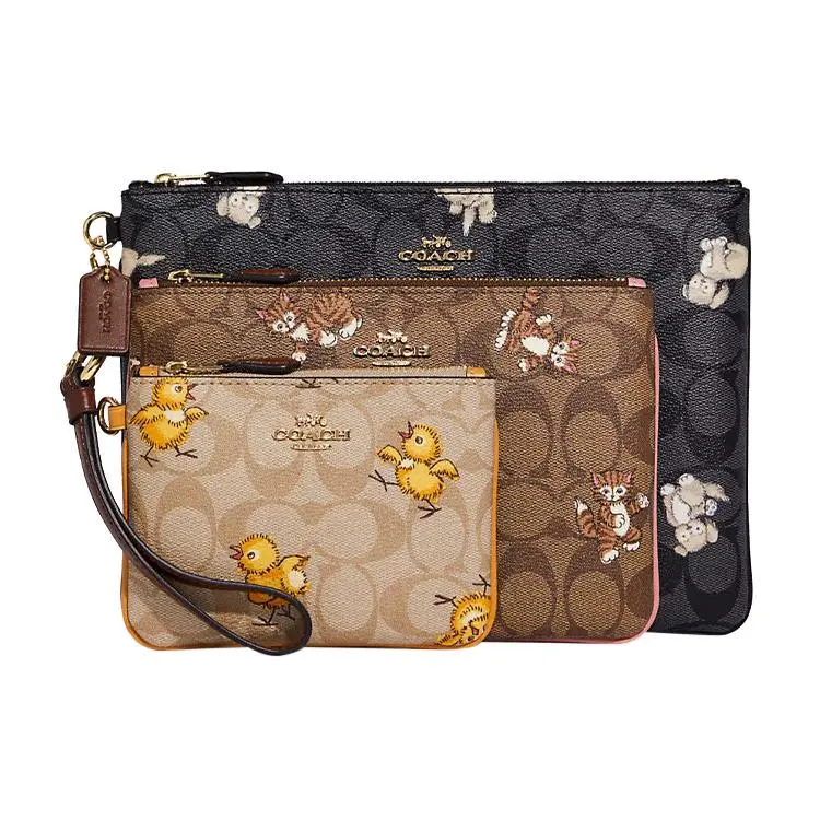 COACH Pouch 25 Badge Collection Animal-Print Top-Zip Wristlet Handbag Set for Women, Signature Coated Canvas and Smooth Leather, Khaki