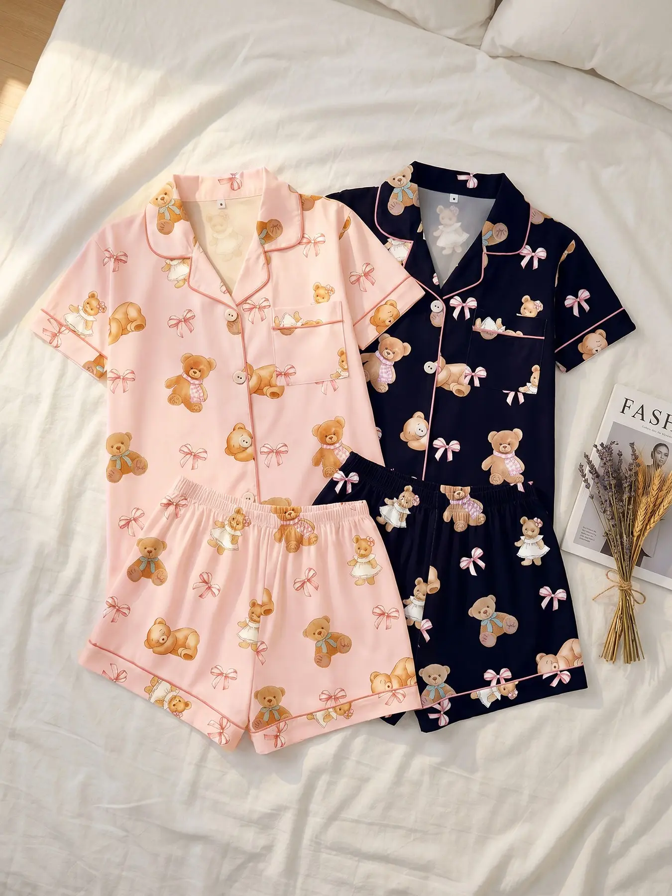 Women's 2 Pack Short Sleeve Button Down Top and Shorts Pajama Set, Spring Summer Wear, Versatile Daily Teddy Bear Print Set, Practical Style, Casual Sleepwear for Home & Daily Wear, Pyjamas