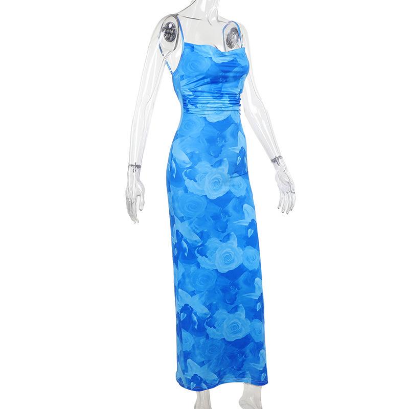 Rose Print Ruched Lace Up BacklessCami Dresses for Women, ElegantSleeveless Bodycon Capri Sun DressLong Dress for Summer, BirthdayDresses 2024, Fashion Women'sDress for Beach Holiday, Capri SunDress Valentine's Day, gift Casual Womenswear Blue Floral