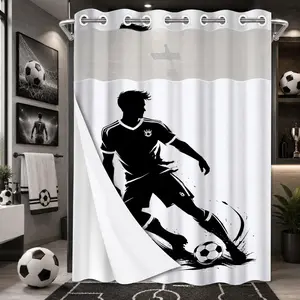 1 Pc Hookless Double Layer Shower Curtain, Soccer Player Silhouette Print, Machine Washable Waterproof Mildew Resistant Fabric, Sports Home Bathroom Decor, Removable Snap-in Liner, Top See-Through Curtain, Bathroom Divider - 71"×74"