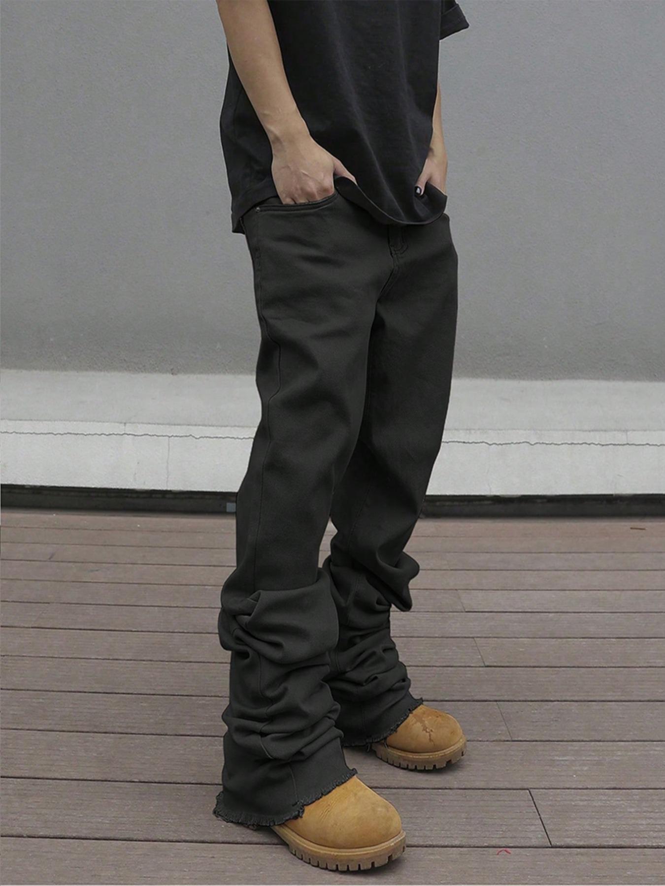 Men's Plain Solid Color Button-Fly Flared Jeans Pants - Slim-Fit & Casual Streetwear Style, Comfortable with Pockets, Featuring Frayed Cuff Design. Suitable for Daily Wear; Also a Versatile All-Season Bottom for Men (Extended Fit)