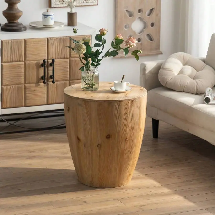 Vintage Retro Barrel-Shaped Coffee Table - 21.06in, Pre-Assembled Solid Fir Construction, Hollow Storage, Sturdy Base, 220lb Capacity, for Living Room, Dining Room