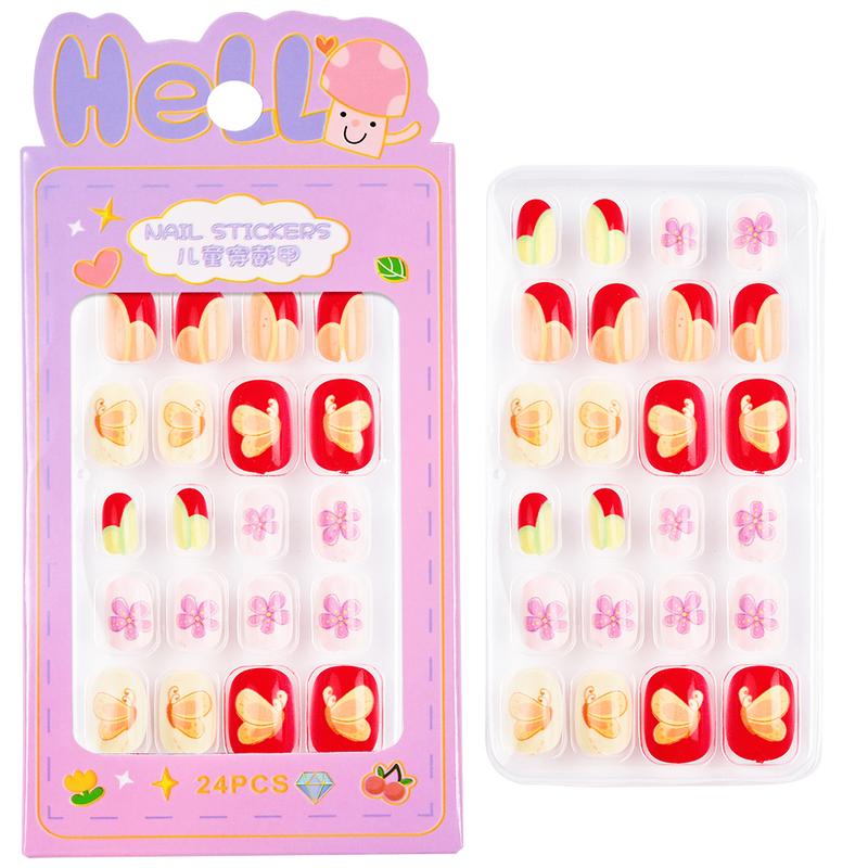 24Pcs/Box Children False Nails Kids Cartoon Girl Press on Nail Short Artificial Fake Nail Safe Full Cover Acrylic Nail Tips Kits