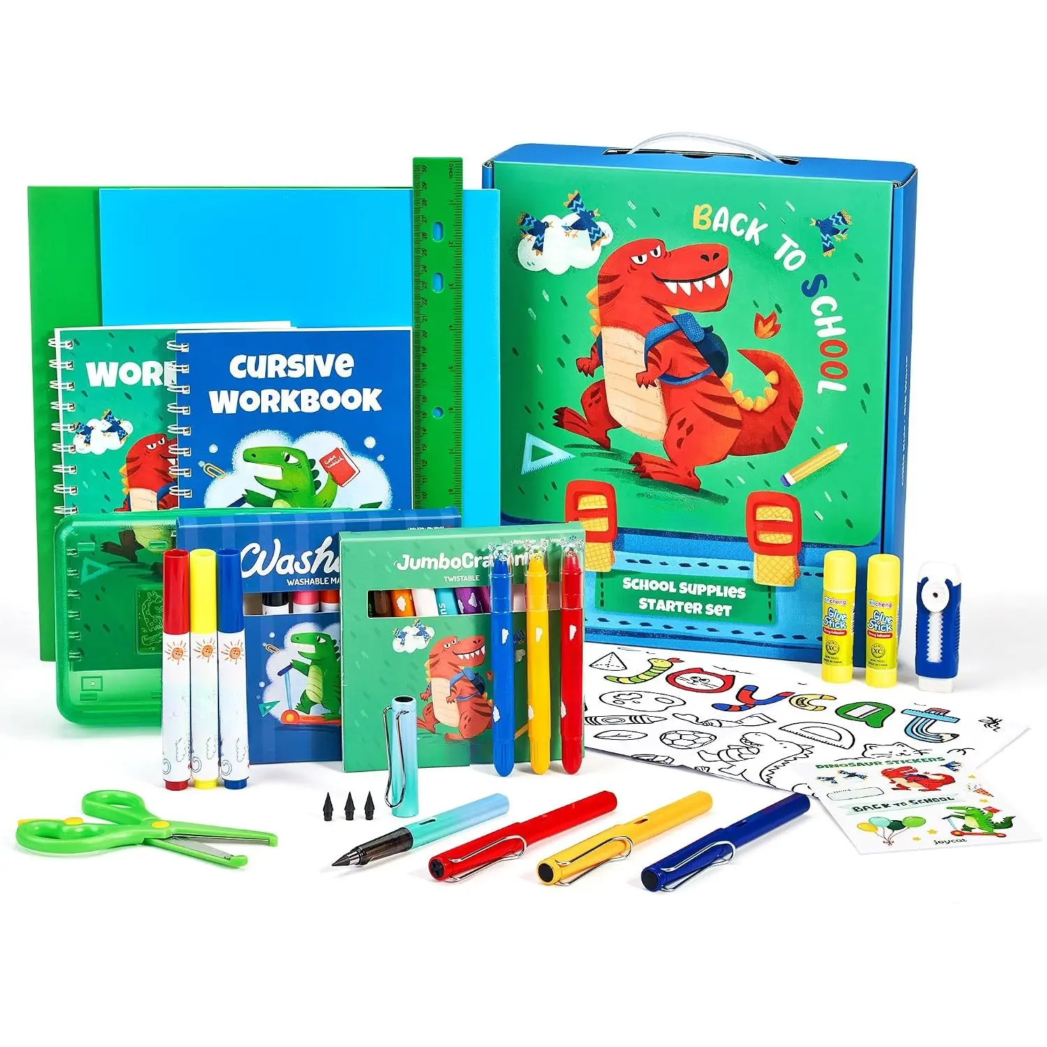 46-Piece Dinosaur Stationery Set, Synthetic Washable Art Supplies & Refillable Tools for Elementary Kids, Back-to-School Office & Educational Supplies Kit