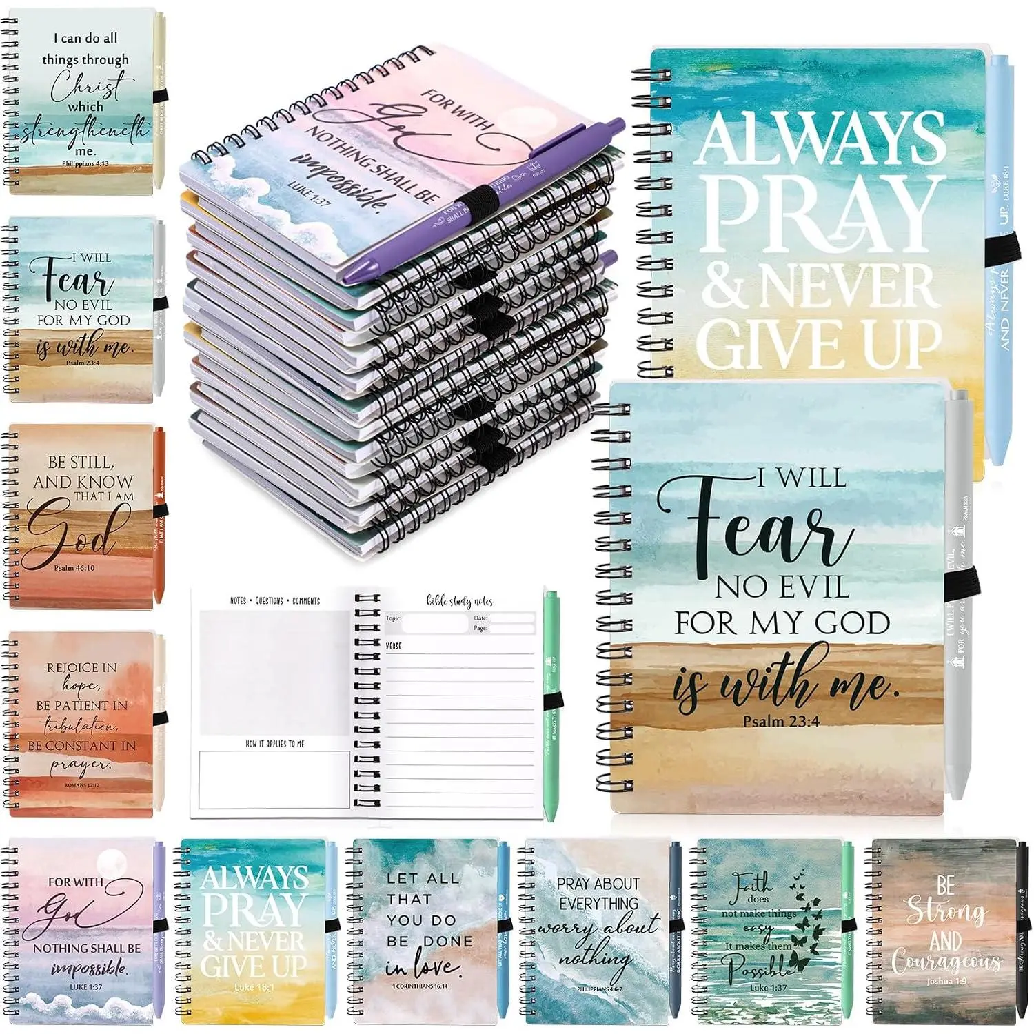 10-Set Bulk Pack Modern Inspirational Christian Prayer Journals (100 Pages, Motivational Cover) for Women/Men, 20-Count Spiral Notebooks with Religious Pen, Church Gifts, Office Stationery Study Supplies (Verses of Faith), Landscape Print