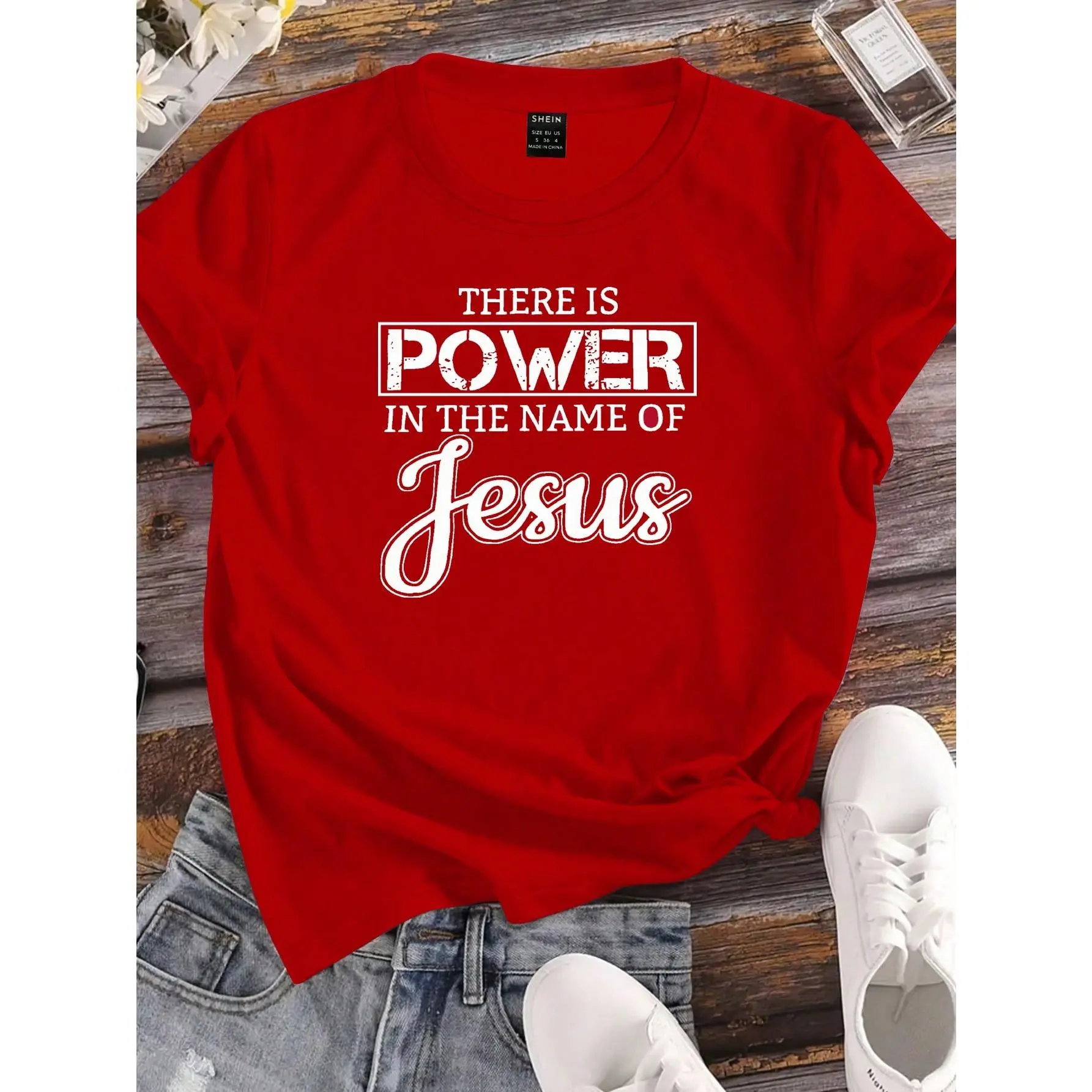 Women's Christian 100% Cotton Jersey Short-Sleeve Round Neck T-Shirt - Vintage "Power in Jesus" Quote Graphic, Loose Fit, Soft, Breathable, Lightweight, Ribbed, Elastic, Stretchy, Elegant Everyday Faith Wear for Summer, Denim Pairing