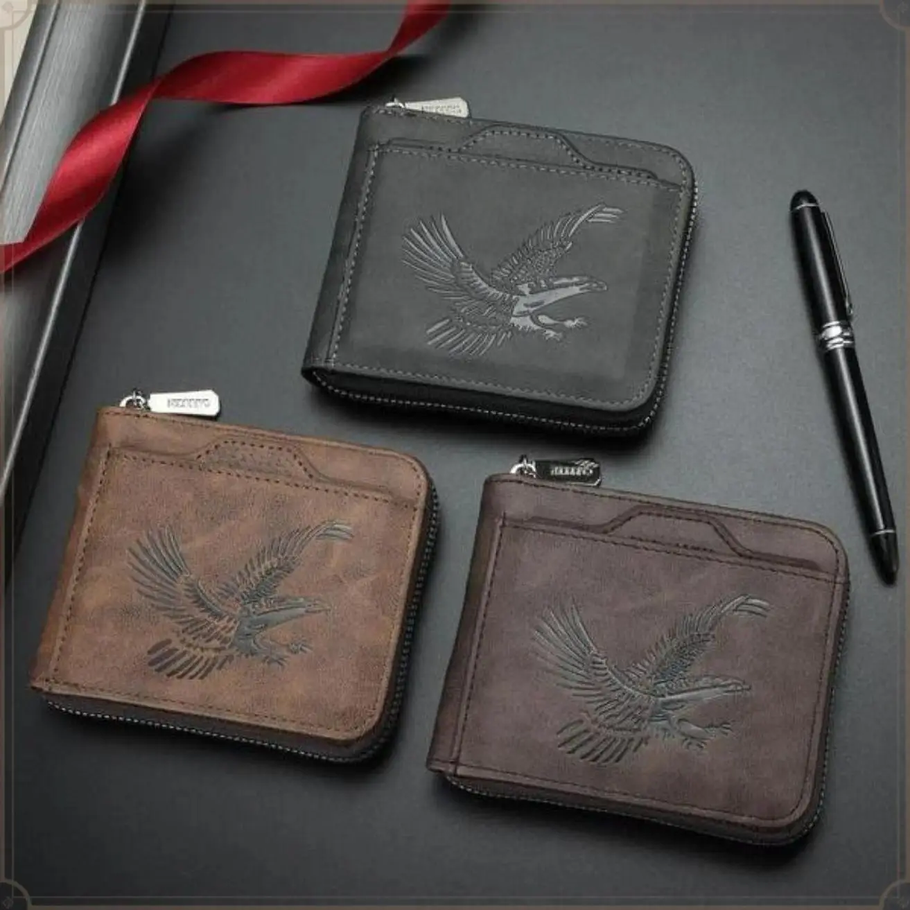 Men's Cowhide Leather Wallet, Vintage Eagle Embossed Bifold with Zipper & ID Window, Lightweight Casual Mens Gifts with Gift Box, Guys Gifts, Men's Accessories For Adults