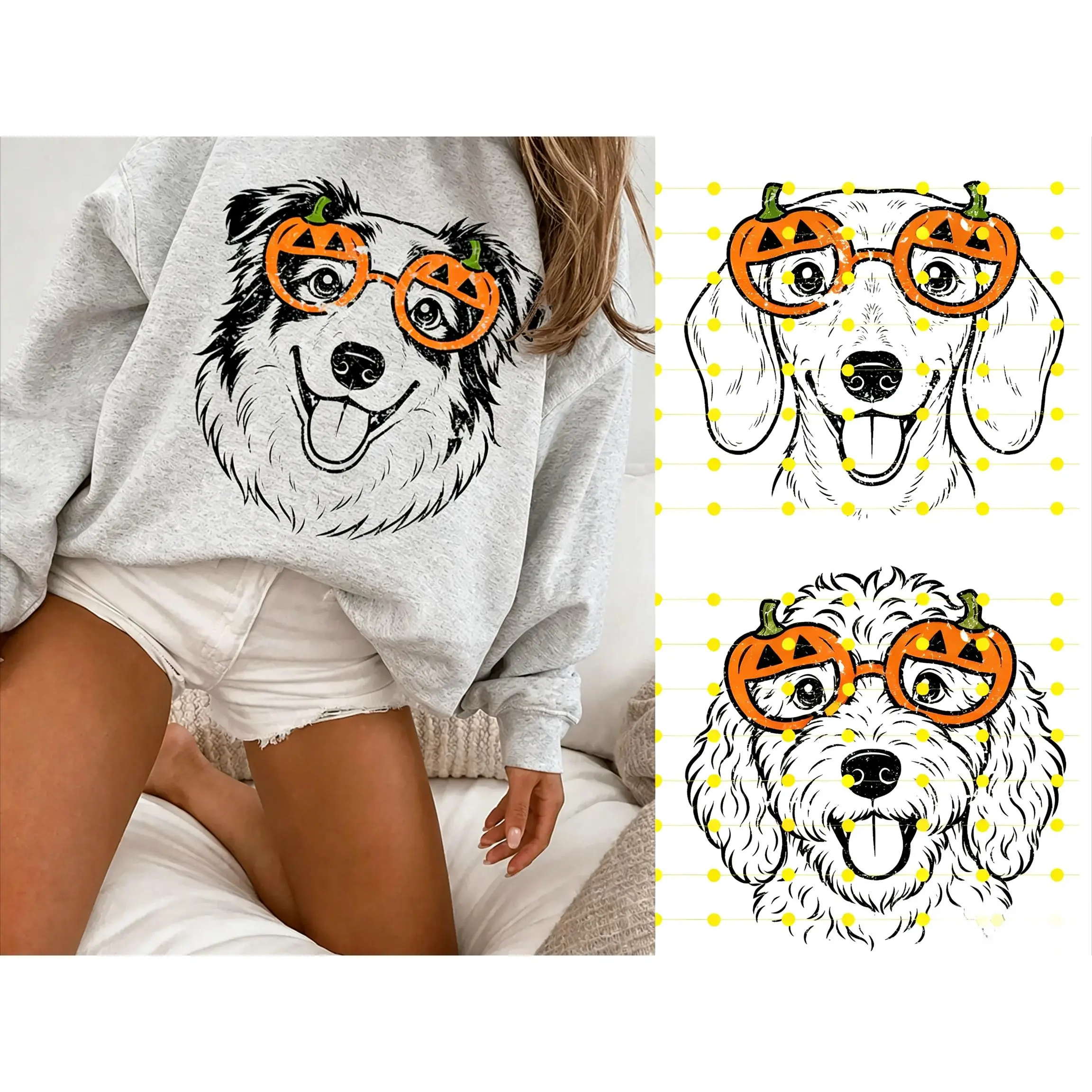 Women's Casual Unisex Cotton Fleece Hoodie Sweatshirt Top - Relaxed Fit, Dog Breed with Pumpkin Glasses, Halloween Spooky Puppy, Autumn Trick-or-Treating for Dog Lovers