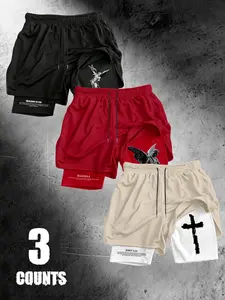 3 Packs Men's Double Layer Mesh Basketball Shorts, Angel Cross Bible Verse Inner Liner Print Drawstring Elastic Waist Gothic Christian Hip Hop Streetwear Workout Shorts Multipack #ChristianBasketballShorts #AngelCrossPrint #DoubleLayerMeshShort #GothicStr