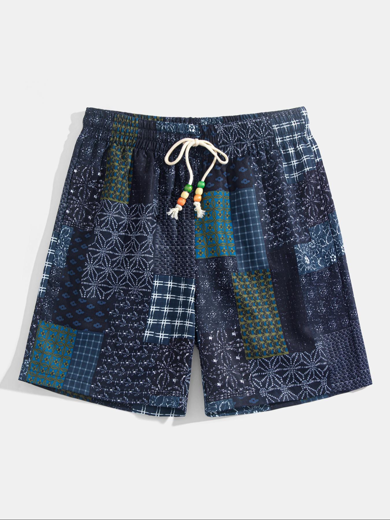 Men's Patchwork Print Shorts, Casual Streetwear Shorts, Casual Comfy Loose Fit Drawstring Shorts for Summer, Men's Bottoms for Beach Vacation