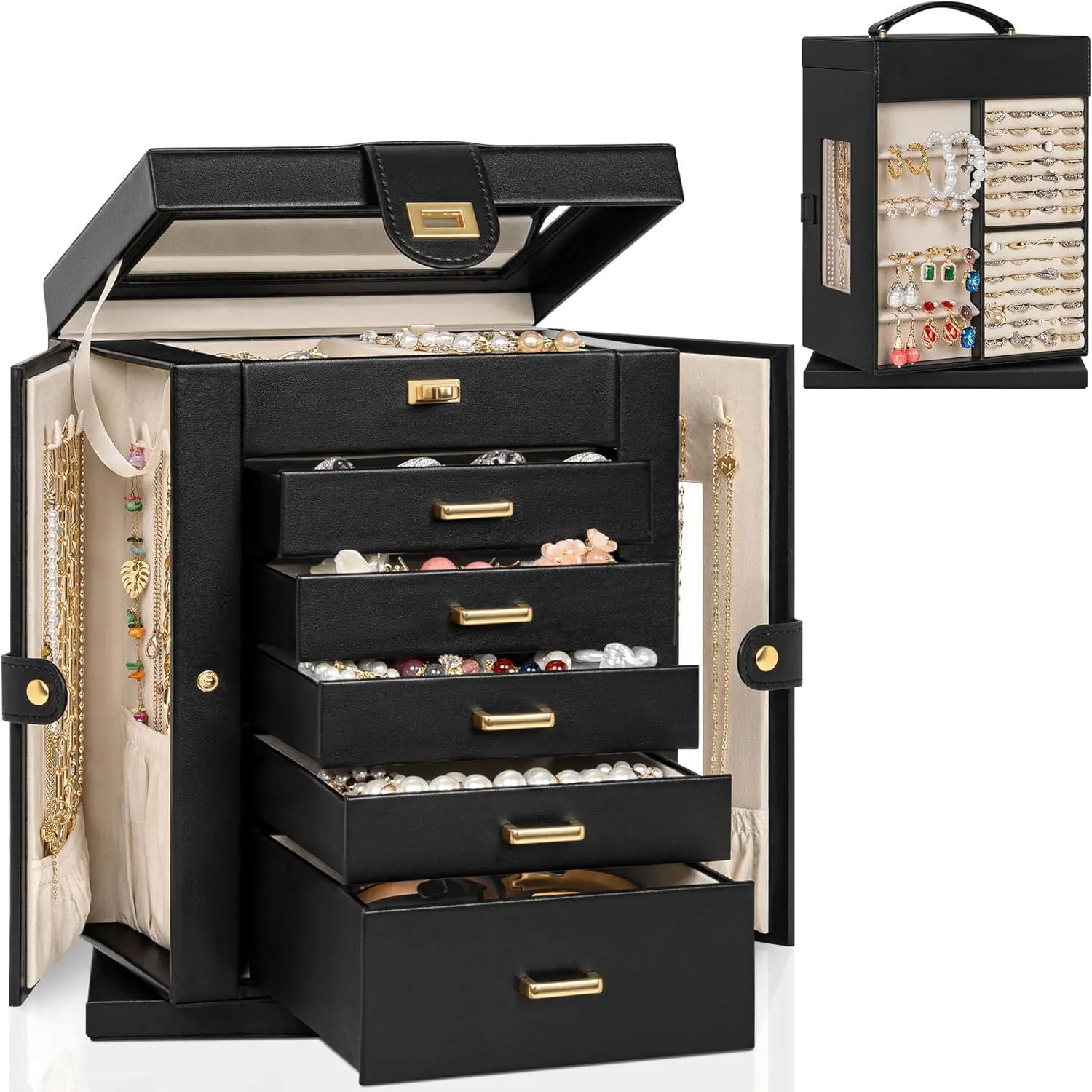 Jewelry Box 6-Tier Organizer Functional 360° Rotating Jewelry Storage Case for Women Girls Ring Necklace Earring Bracelet Holder with Mirror