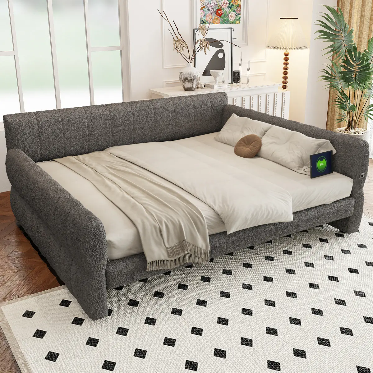 King Size Upholstered Platform Bed with USB, Daybed Sofa Bed Frame for Kids Teens Adults, No Box Spring Needed, Gray