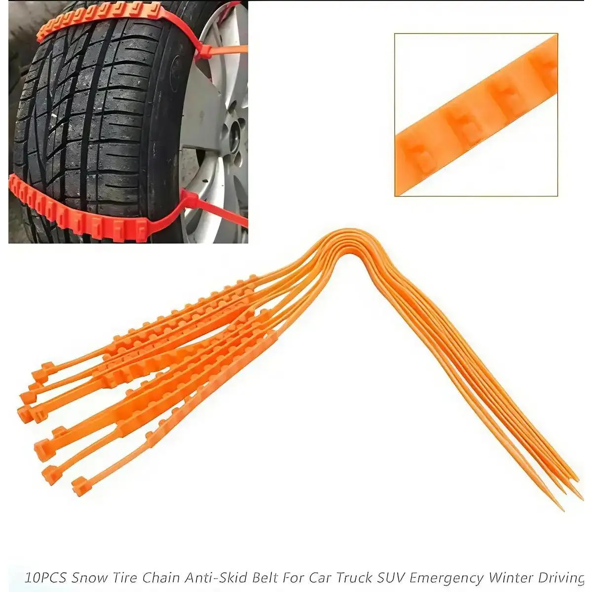 10-Pack Orange Nylon Zip Tie Snow Chains, Quick Install, Tool-Free, Enhanced Traction Tire Straps, Fast Emergency Fit, Universal for Cars/SUVs, Anti-Skid Auto Safety Trunk Kit Accessory
