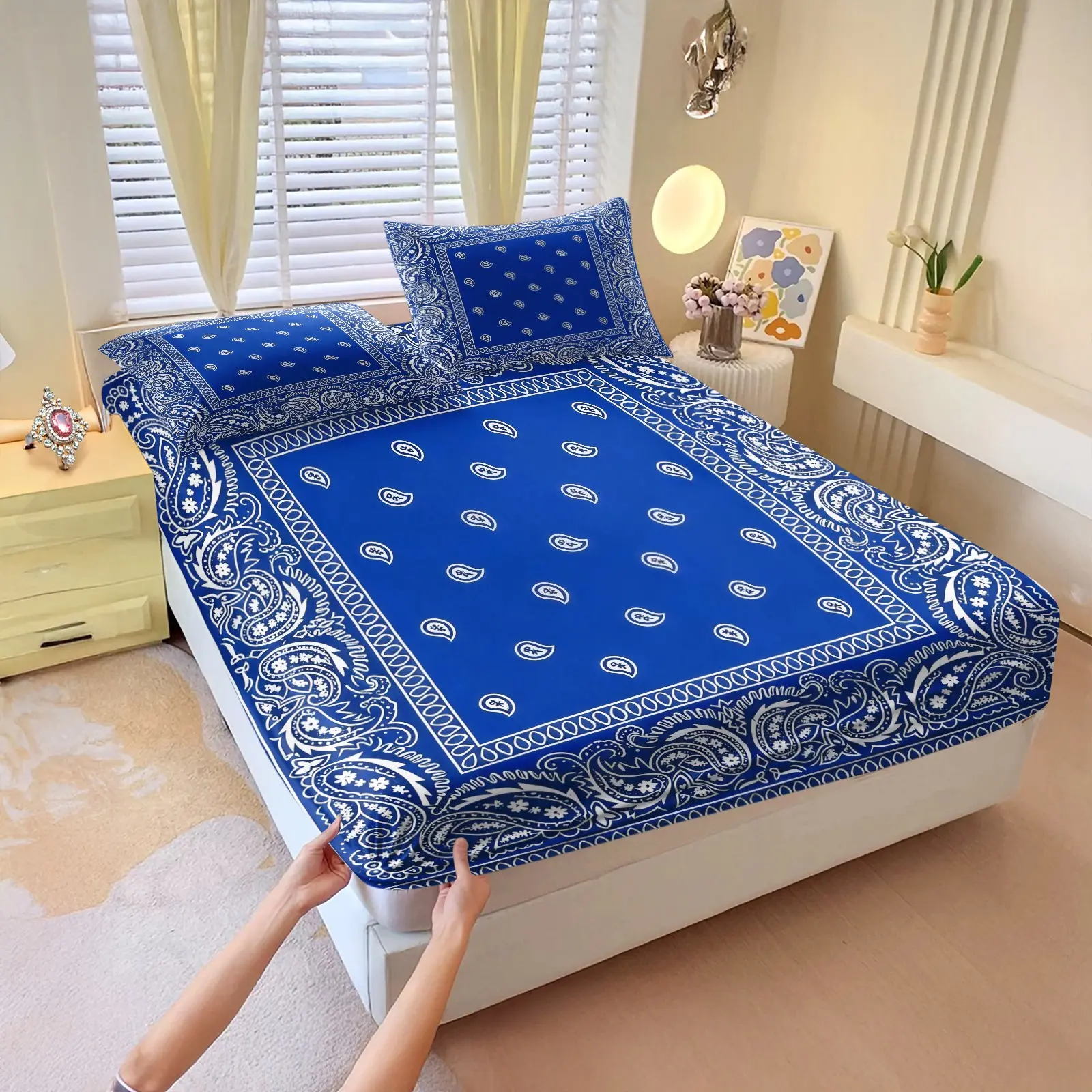 American Square Paisley Sheets All Over Print Fitted Sheet Set 3Pcs, 1 Fitted Sheet & 2 Pillowcases Without Pillow Inserts, Breathable Wear-resistant Vibrant Fabric, Machine Washable All Season, Personalized Trendy Home Bedding Set