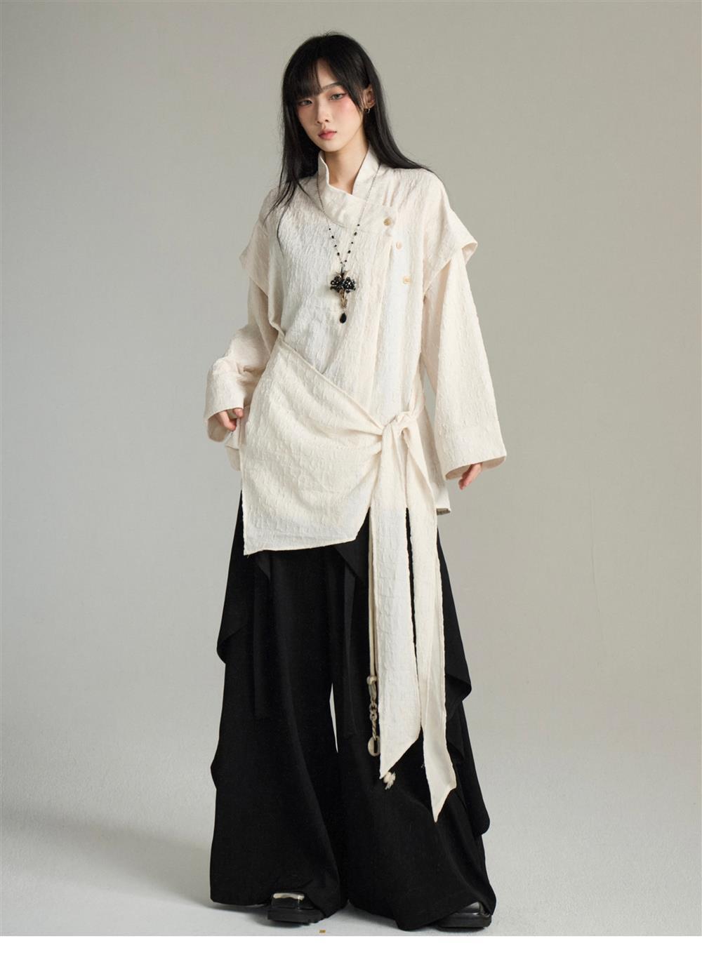 UMI MAO Irregular Lace Up Design Chinese Style Stand Up Collar Shirt Men Women Long Sleeved Shirt Fake Two-piece Top Y2K