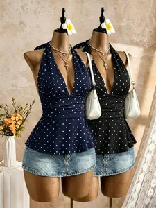 Summer Women's Halter Neck Deep V Neck Ruched Peplum Top Set, Sexy Backless Sleeveless Short Top, Party Beach Wear