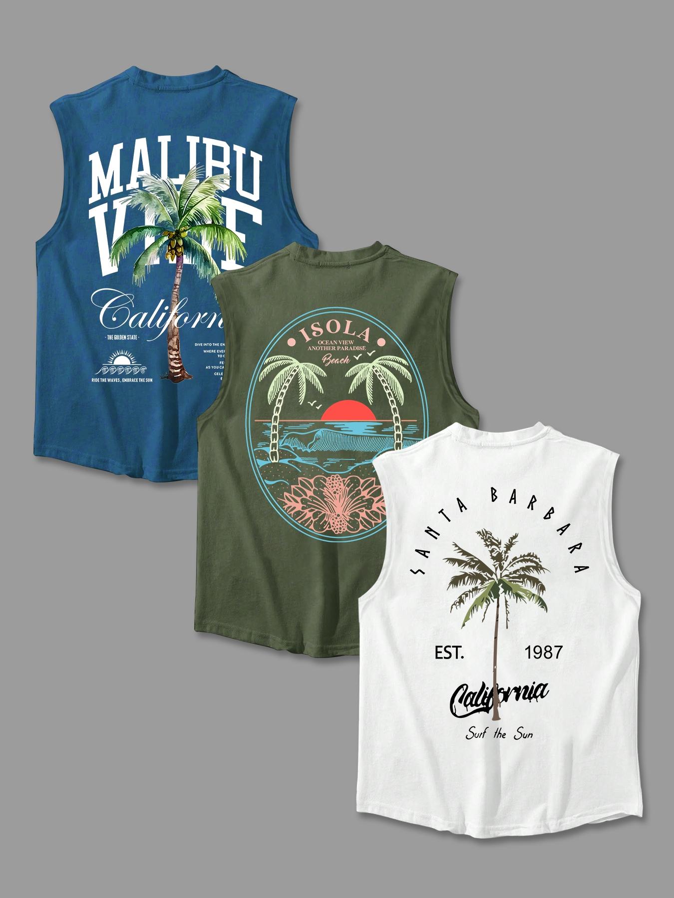 Men's Letter & Palm Tree Print Round Neck Tank Top, Regular Fit Casual Graphic Sleeveless Vest for Summer, Men's Top for Daily Wear, Menswear, Tank Tops Workout