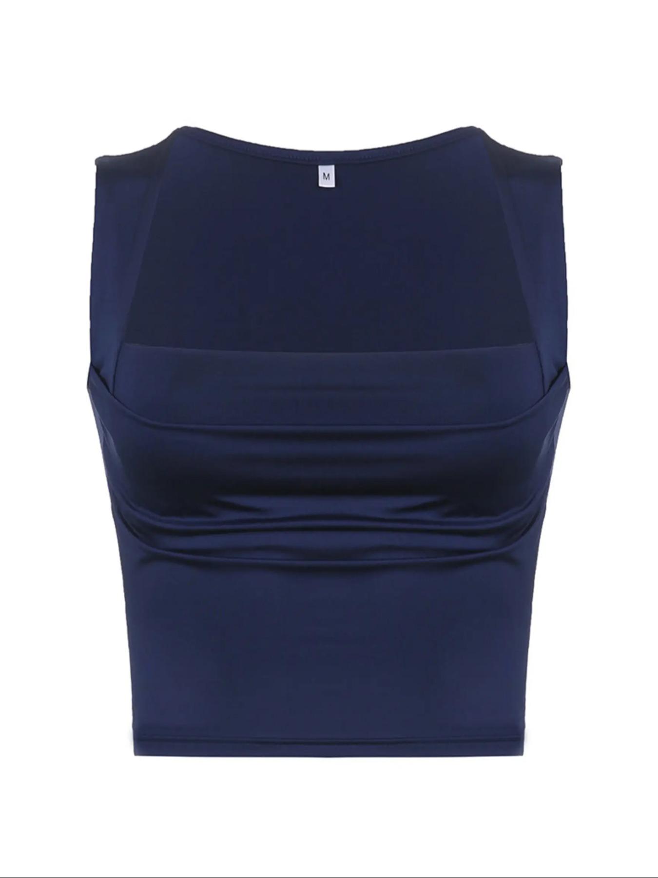 Women's Plain Ruched Square Neck Crop Tank Top, Casual Sleeveless Cropped Top for Fall, Minimalist Basic Short Tops, Ladies Clothes for Daily Wear, Summer Top