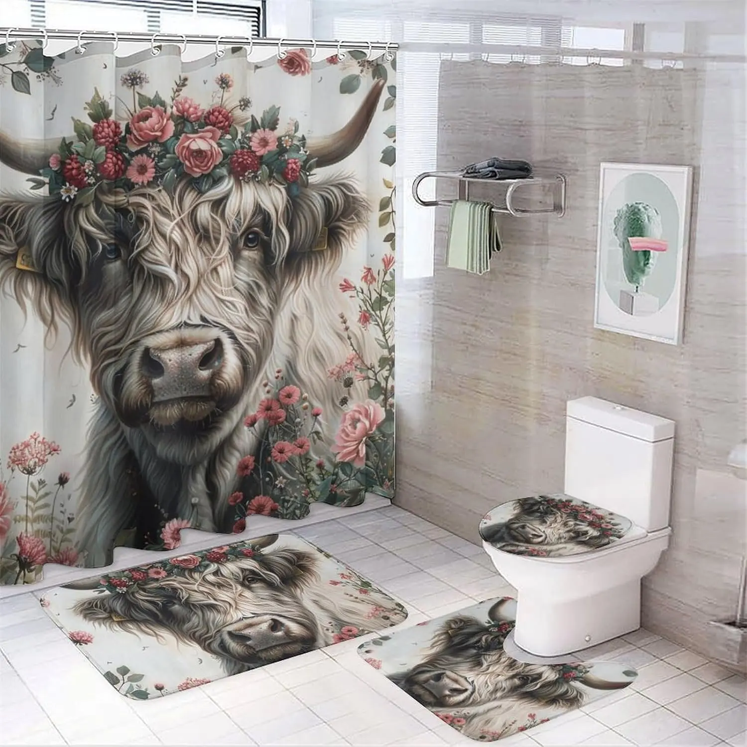 4Pcs Waterproof Highland Cow Bathroom Shower Curtain Set with Rugs, Toilet Lid Cover, Bath Mat, Farmhouse Rose Floral Leaf Design and 12 Hooks, Water Proof