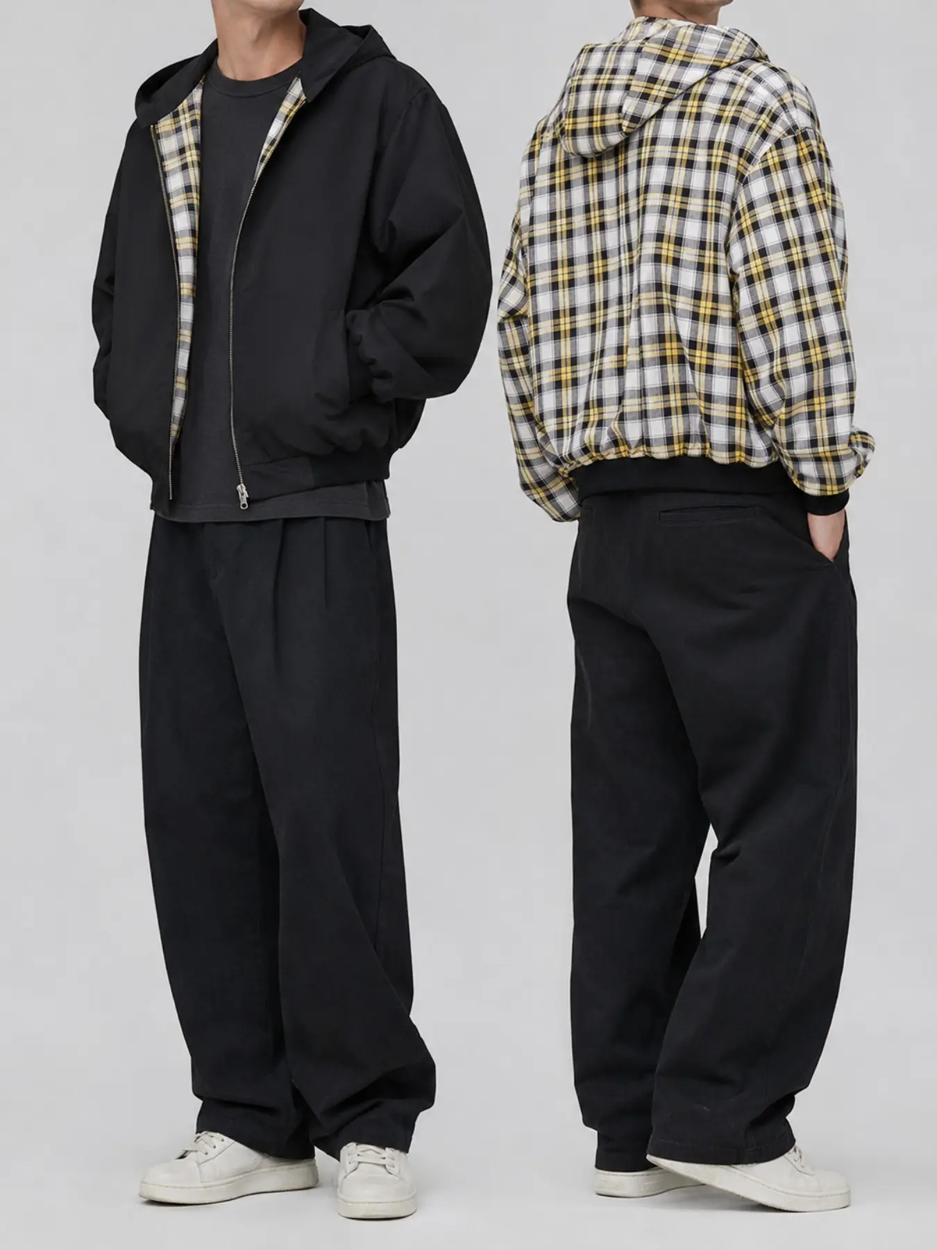 Men's Reversible Hooded Jacket, Black & Plaid Zip-Up Loose Fit Streetwear Outerwear for Fall and Winter
