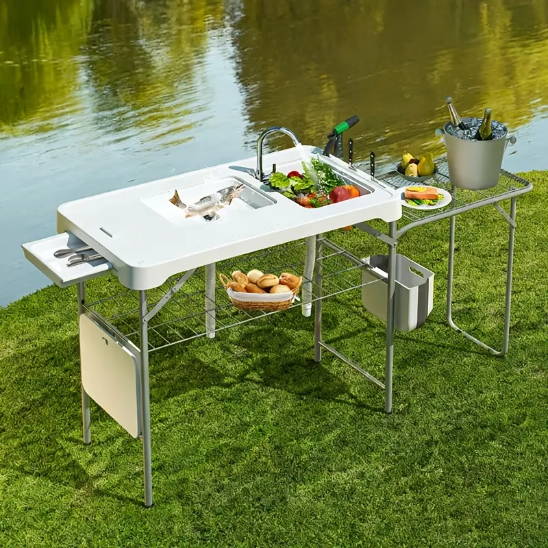 Protable Sink & Fish Cleaning Table Combo, Expandable Outdoor Camping Sink with Retractable Rack, Faucet, Shelf & Drainage Pipe, Heavy-Duty Folding Design for Yard, BBQ, Workshop