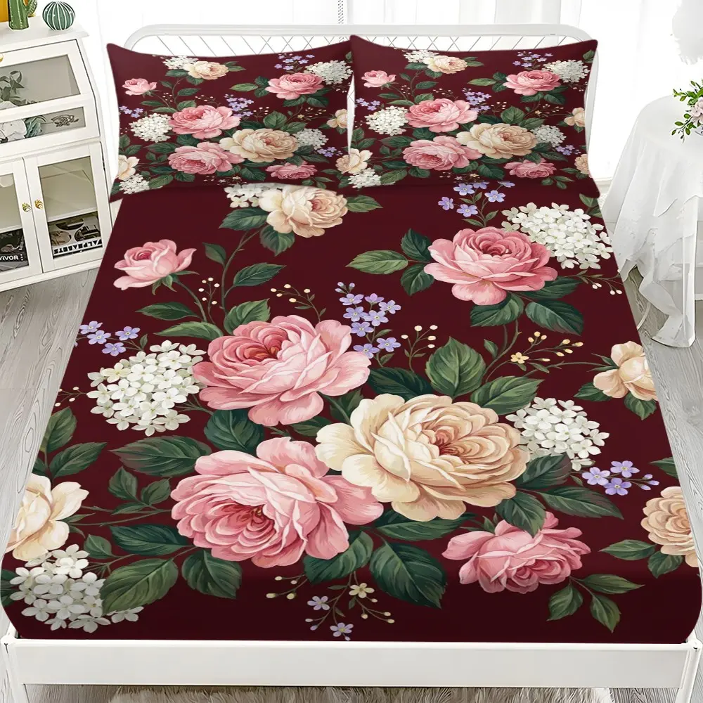 3-Piece Bed Sheet Set, Vintage Floral Design, King Size Twin Bed Linen, Bohemian Country Rose Poppies Plant Wood Gothic Flower Bedding Set