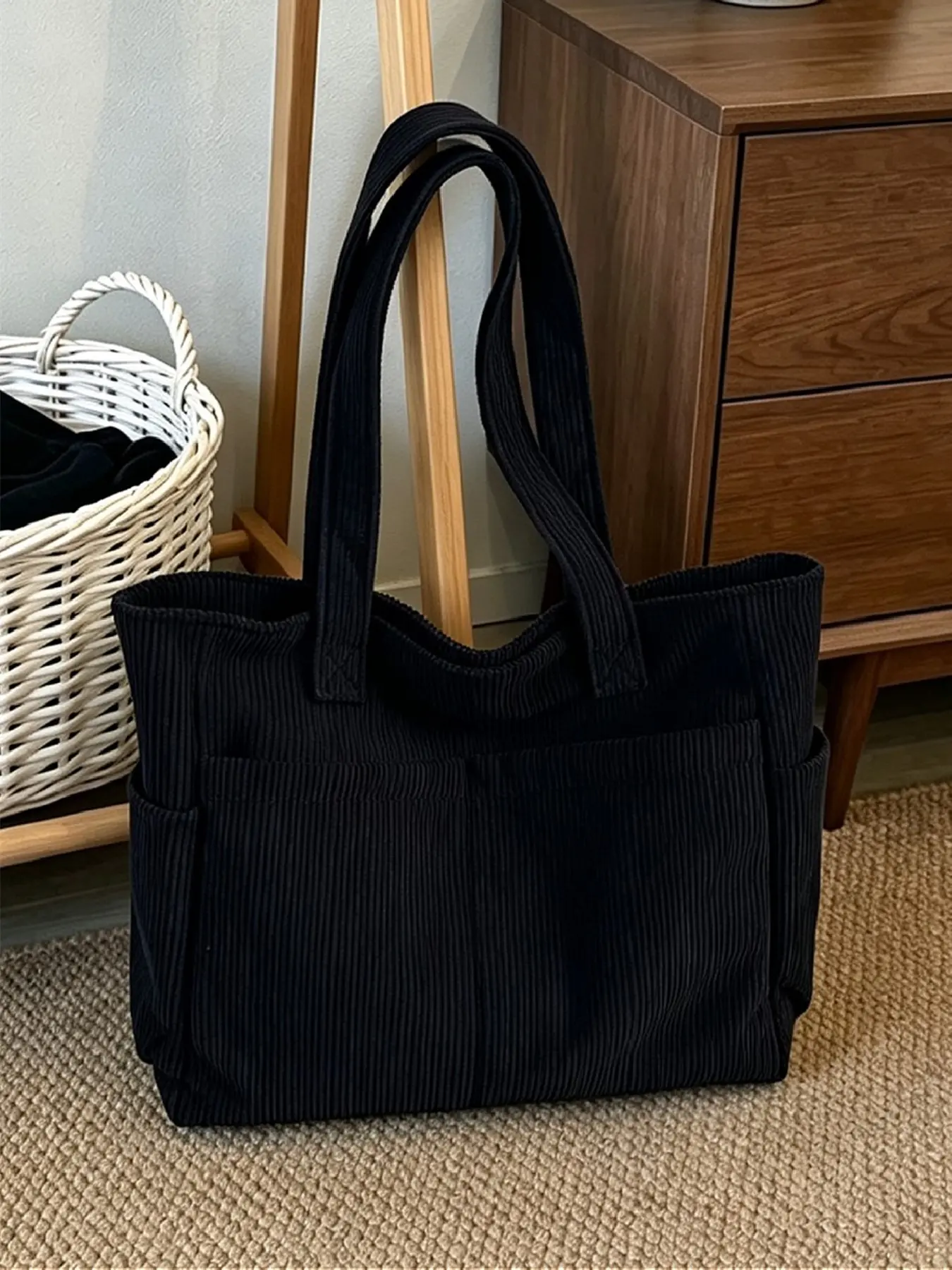 Vintage Solid Color Corduroy Women's Large Capacity Zipper Tote Bag, Multi-Pocket Casual Commute Shoulder Bag, Simple and Versatile Commuter Bag