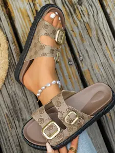Women's Dual Adjustable Gold Buckle Platform Slide Sandals Retro Monogram Leopard Print Two Wide Straps Slip On Chunky Thick Sole Non Slip Summer Beach Casual Footwear 2 Colors