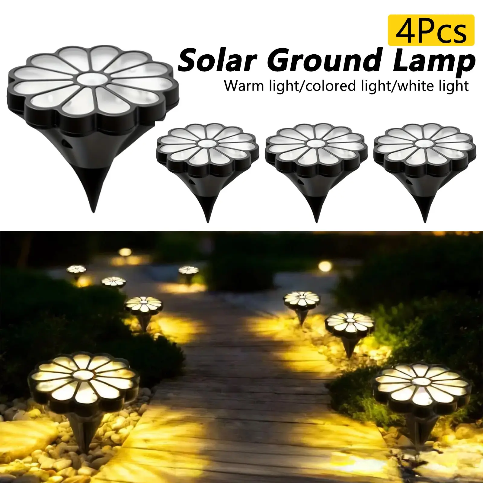 4Pcs Solar Ground Lamp，Flower Shaped Solar Ground Lights Outdoor, Solar Lights Outdoor Waterproof, Mini Flat Solar-Powered Garden Light, Landscape Lighting for Garden Yard Lawn Pathway Walkway Drivew