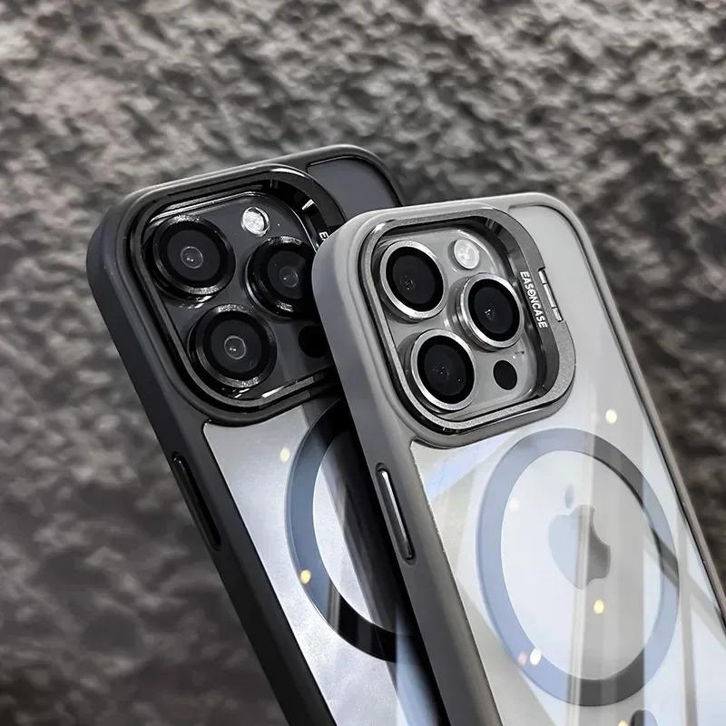 Luxury Magnetic Shockproof Phone Case For iPhone 16 17 15 14 13 12 Pro Max Funda With Magsafe Stand & Glass Lens Protector Cover