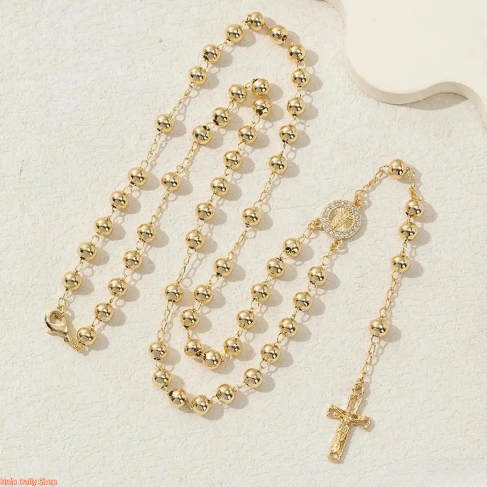 Hollow Our Lady of Guadalupe Rosary Necklace, 14K Gold Plated 6mm Round Bead Chain, Sacred Religious Pendant Jewelry for Daily Prayer, Church Occasions & Thoughtful Holiday Spiritual Gifts