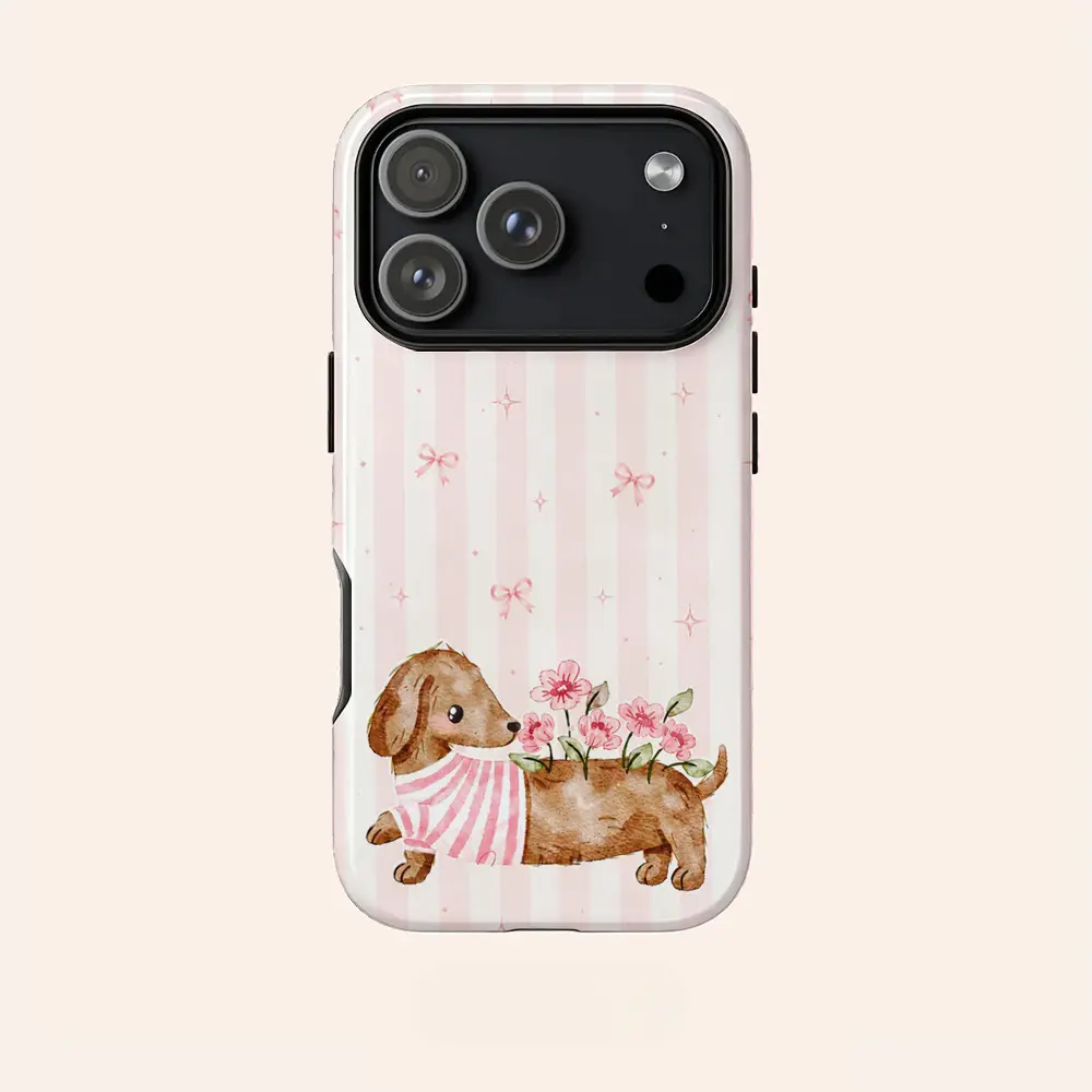 Cartoon dachshund and floral pattern 2-in-1 glossy phone case-durable and shock-absorbing. Compatible with iPhone (17 through X series), Samsung, and other models; makes a great holiday gift for friends or family.