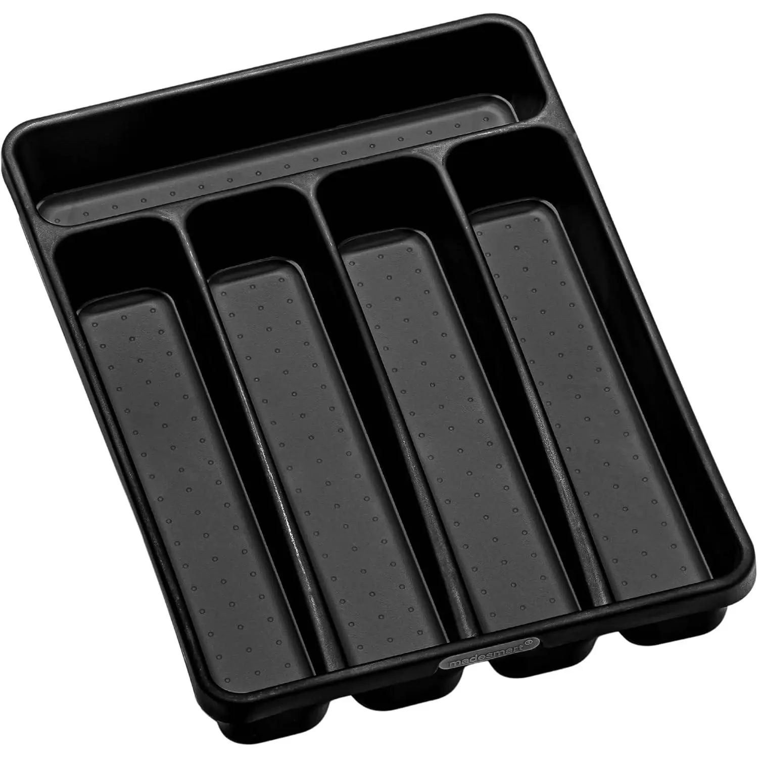 Small Silverware Tray, Compact 5 Compartment Flatware Organizer for Forks, Knives & Spoons, Non Slip, Soft Grip Lining, Fits Small Drawers, Carbon