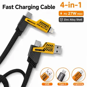 4-In-1 Fast Charging Cable, Dual Charging Cables, 150cm or 120cm, Dual Type-C & USB Lightning, Flat Textile, Matte Finish, for Apple, Huawei, Android, Car Charging