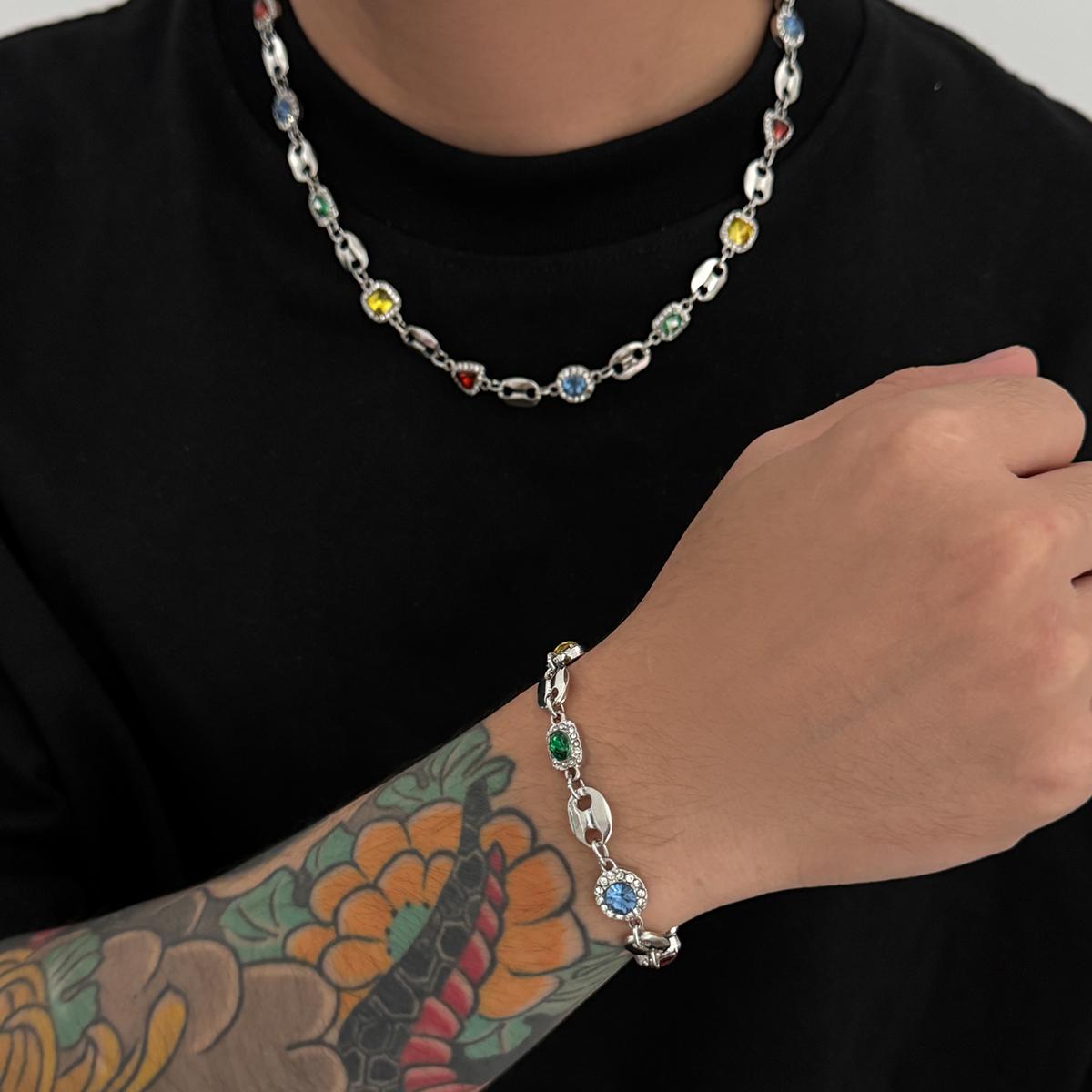 Trendy Exquisite Luxury Rhinestone Choker Necklace Bracelet Set for Men New Elegant Colorful Charm Necklace Y2K Jewelry