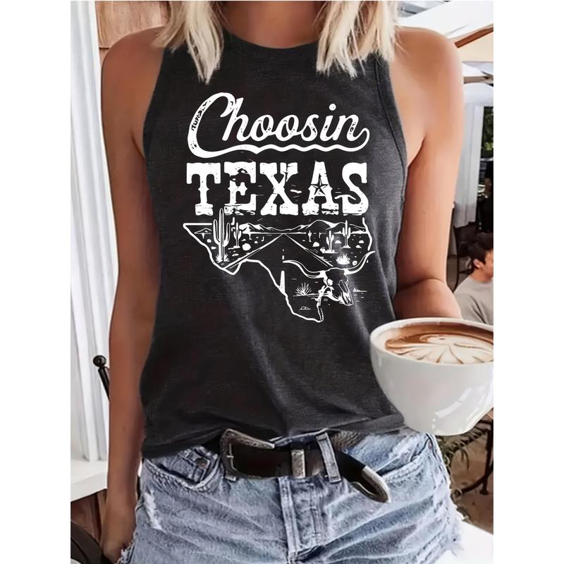 Women's Fashion Printed Texas Outline Vest, Loose Breathable Sleeveless Top, Fits Day Wear, Spring/Summer Casual, Machine Washable
