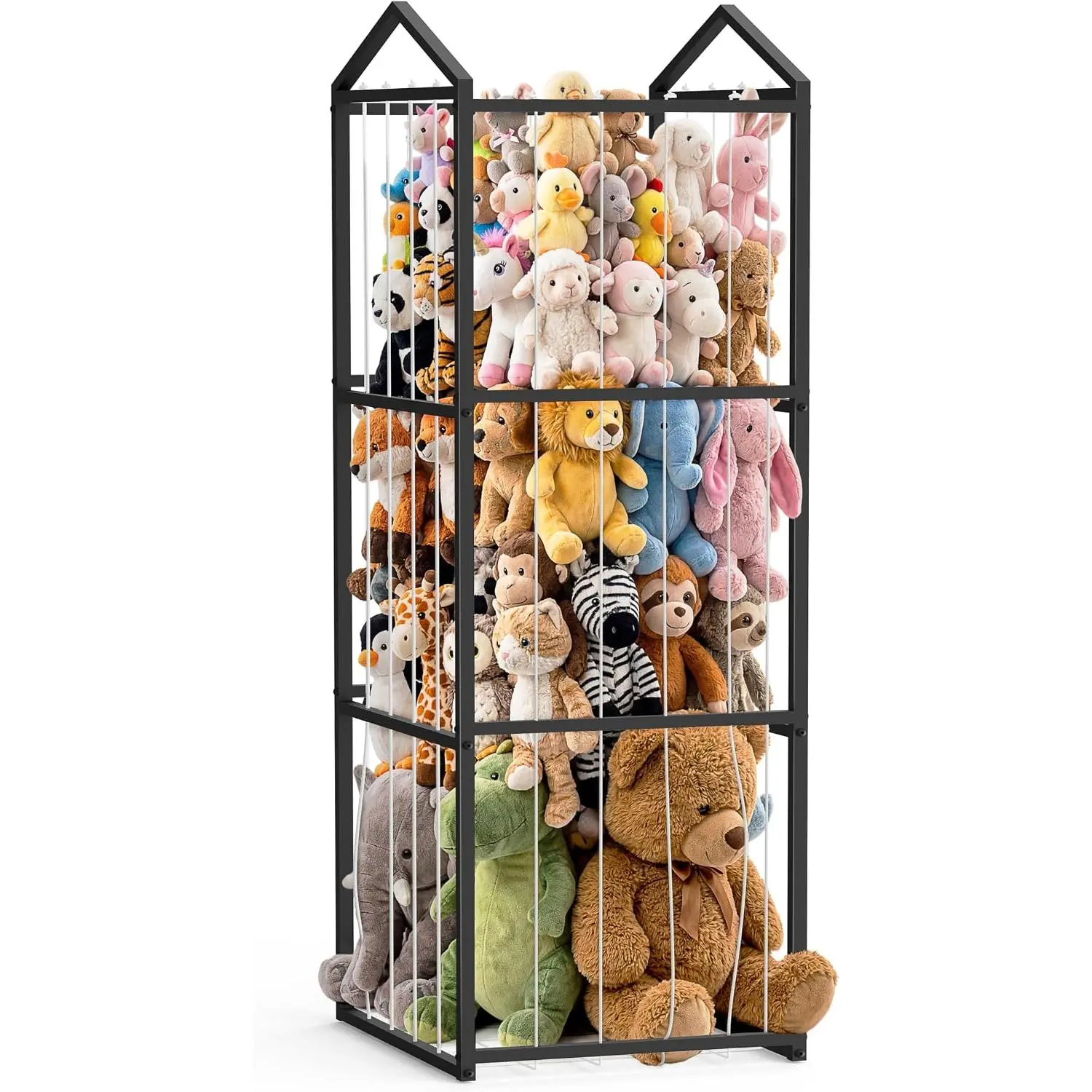 Large Non-Wheeled Black Metal Stuffed Animal Storage Organiser Cabinet-Rack, Sturdy Heavy-Duty 3-Layer Single Unit Plush Toy Holder for Kids' Bedroom, Playroom
