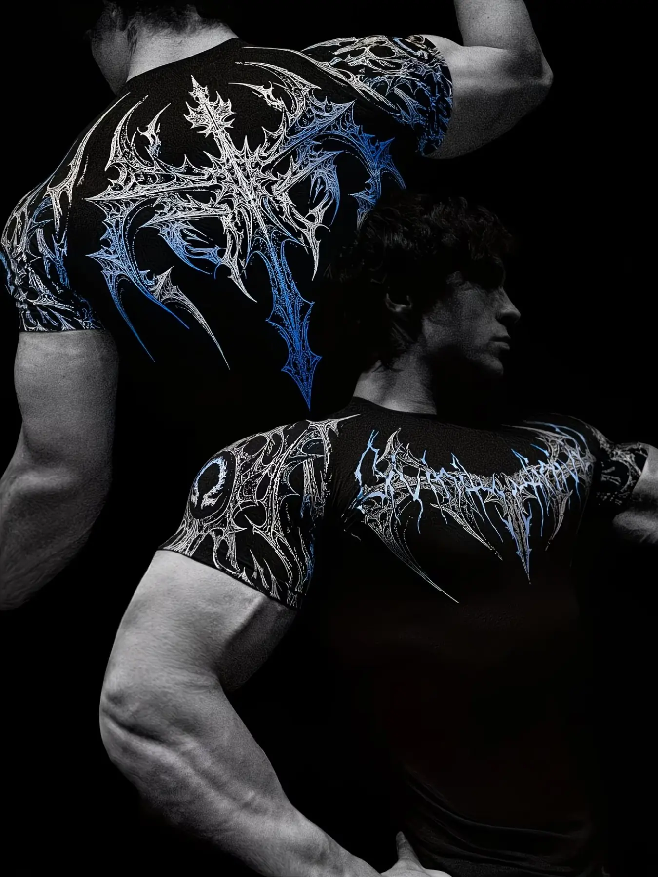 Men's Sporty Fitness T-Shirt, Gothic Thorns Print, High Elasticity Quick-Dry Breathable Fabric, Tight Fit Compression, Ideal for Gym Training