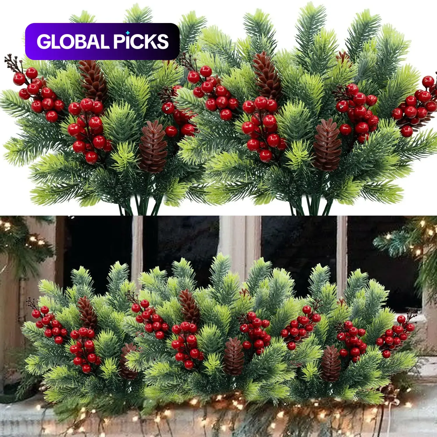 6pcs Artificial Christmas Flowers Bouquet, Pine Cone Berry, Fake Floral Winter Faux Flowers, Home Indoor Outdoor Decorations, Holiday Decor