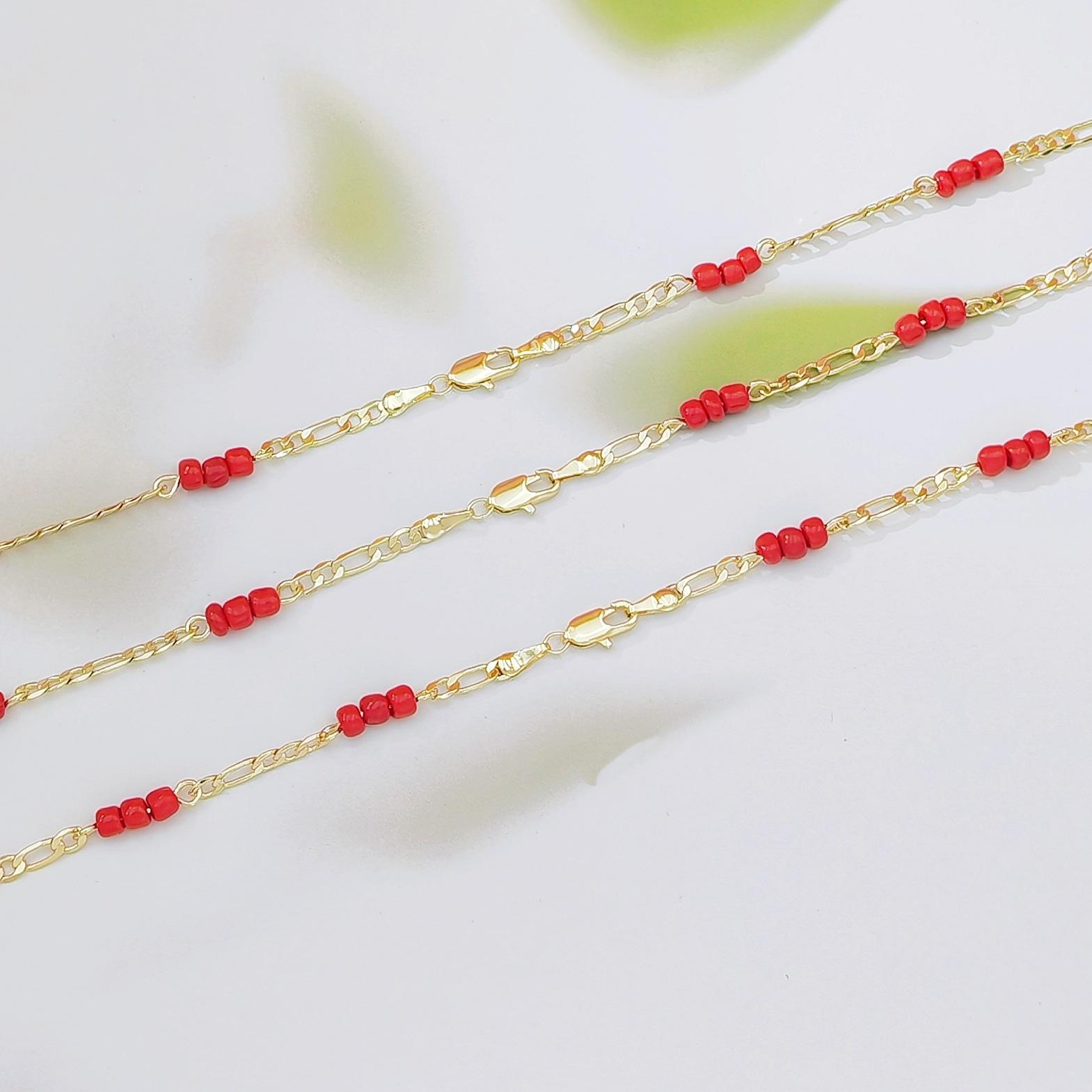 Trending Red Agate Beaded Chain Bracelet, Mixed Design Fashion Jewelry for Women, 18K Gold Plated Brass, Elegant Versatile Stackable Bracelet, Perfect for Daily Wear & Casual Outfits