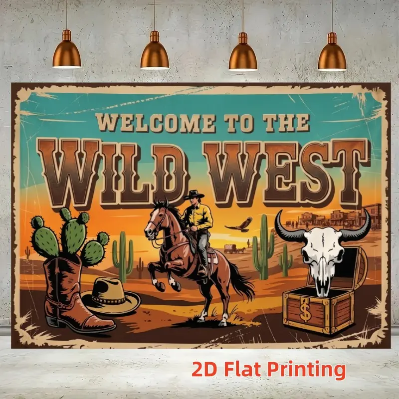 1PC 2D Flat Retro Wild West Cowboy Desert Cactus Party Backdrop Polyester Fiber Suitable for Living Room Bedroom Office Anniversary Home Decoration Western Party Decoration